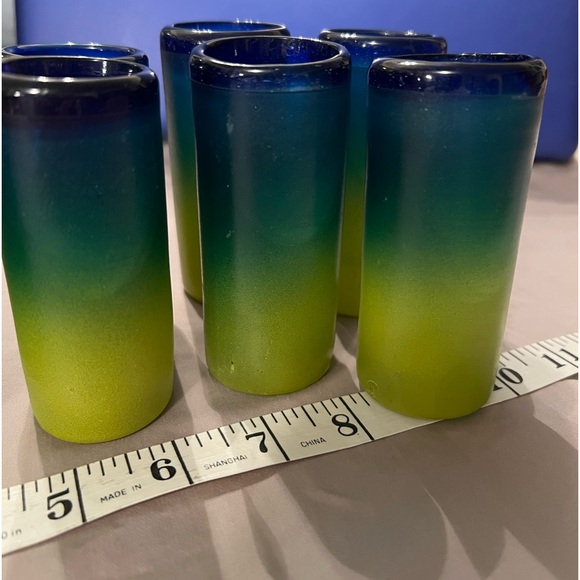 Handblown Mexican Decanter & Shot Glass Set-Painted Ombre Blue/Green/Yellow - Picture 12 of 16